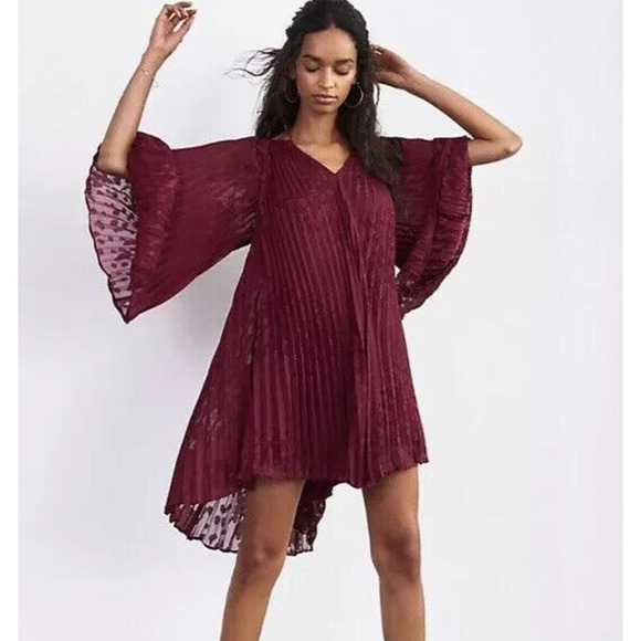 Anthropologie Dresses & Skirts - by Anthropologie Toulon Pleated Mini Dress Boho Holiday Burgundy Maroon Size XS